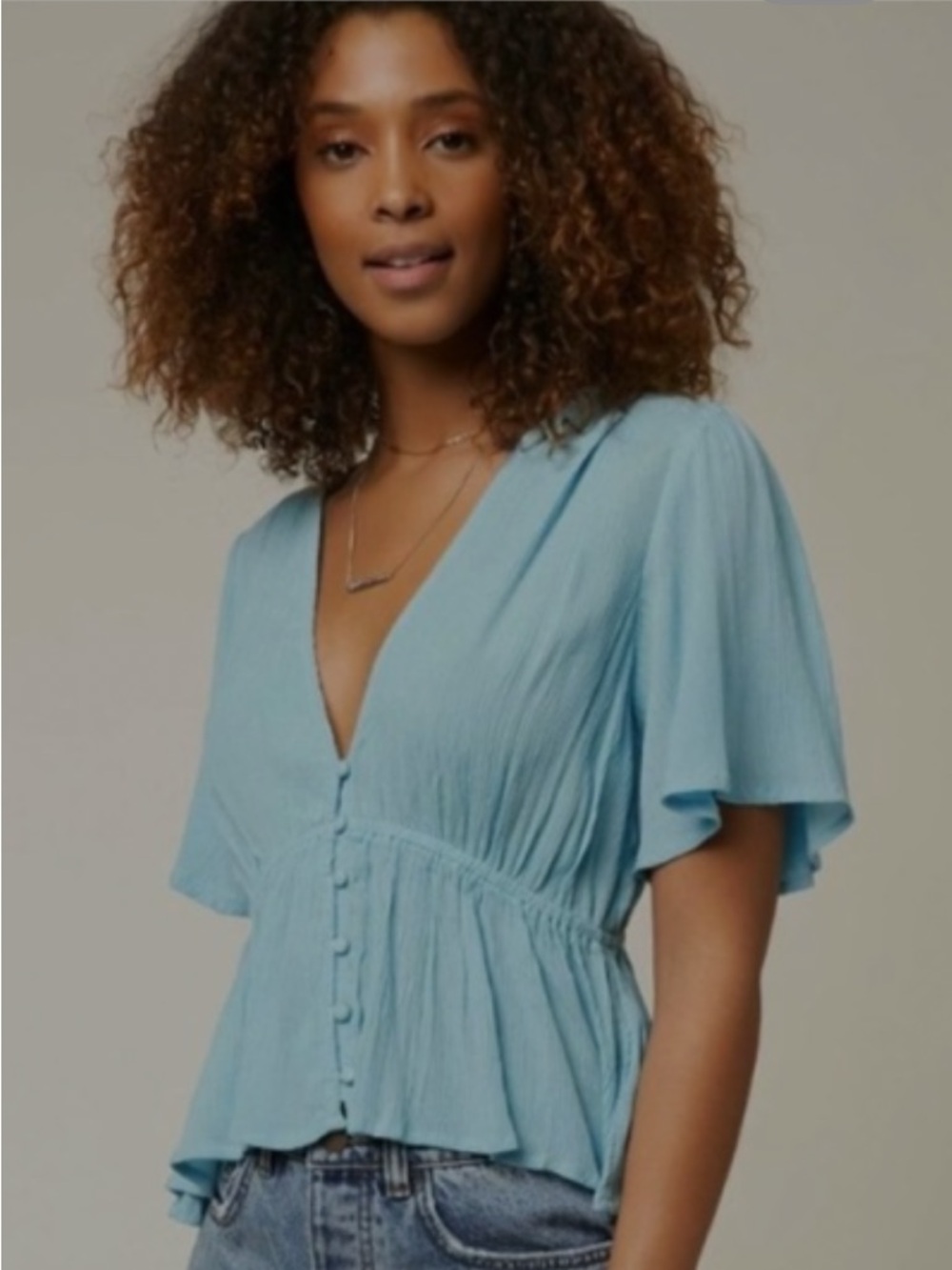 O'Neill Light Blue V-Neck Button Peplum Blouse